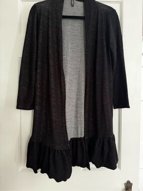 Open-Front Black Ruffle-Hem Sweater Cardigan